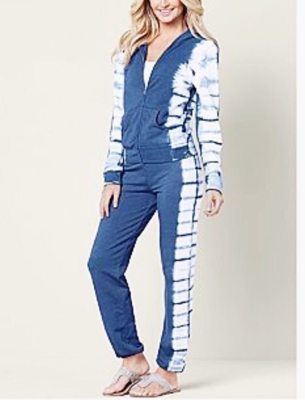 Venus Blue and White Tie-Dye Lounge Jumpsuit set hoodie sweatpants L